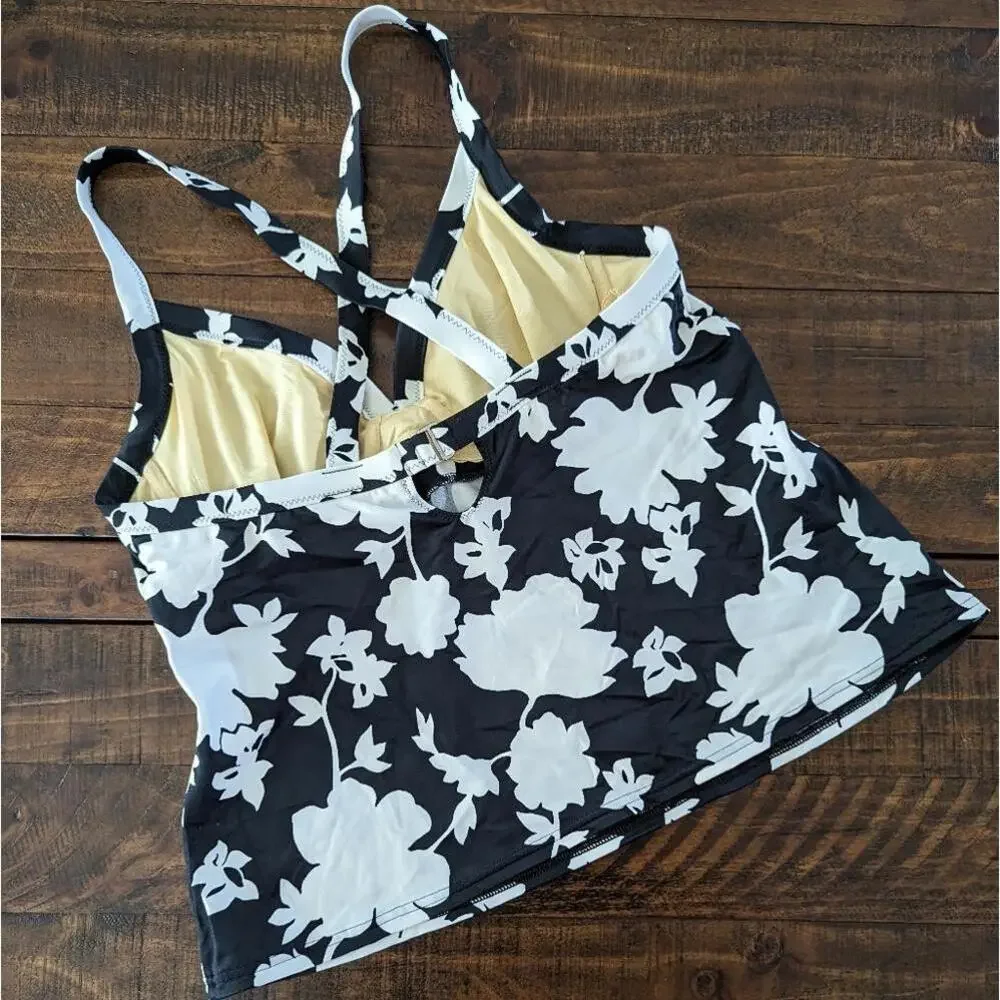 Lands' End Tankini Top Swimsuit Swim 14 B Cup Underwire Black White Floral - Picture 2 of 7